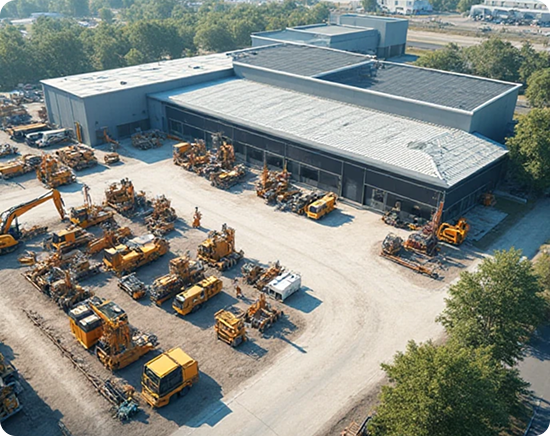 Vista aérea de pátio industrial com guindastes e equipamentos pesados estacionados ao lado de galpão